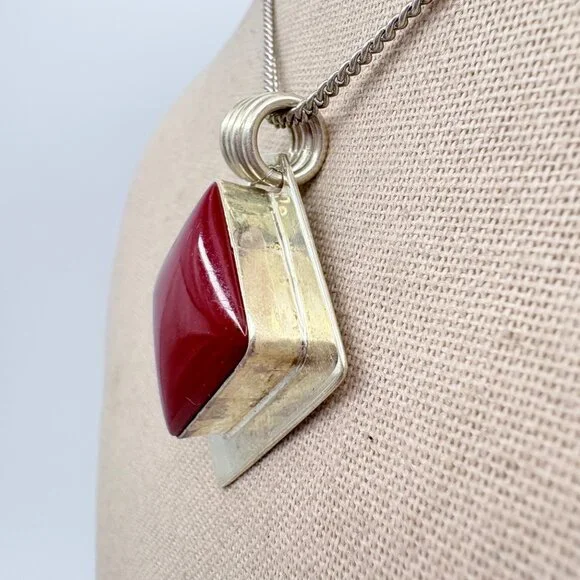 Jasper Bezel Set Pendant Necklace VTG Sterling Silver 925 Size 24 Length
